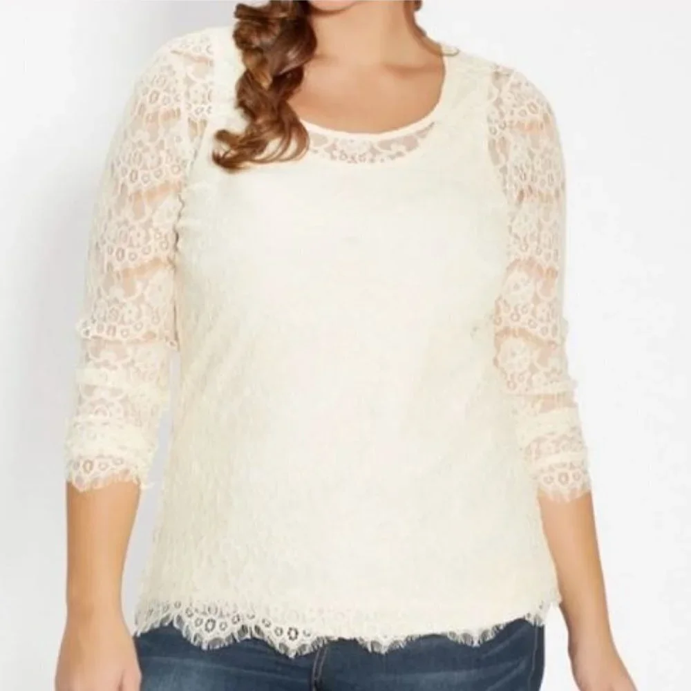 Maurices Lace Scalloped Long Sleeve Cream Blouse Size Women's M